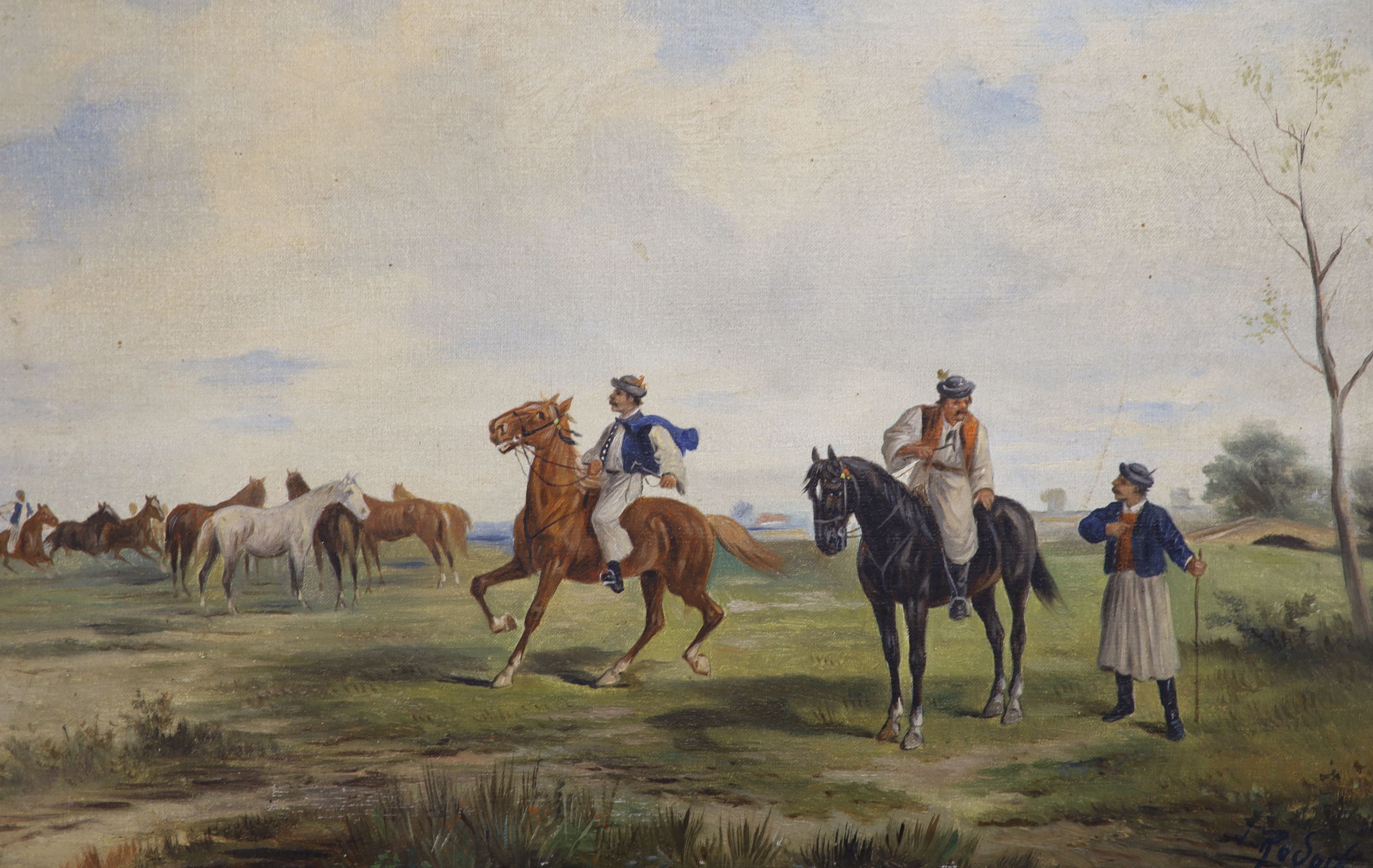 J. Rodack, oil on canvas, Eastern European horseman in a landscape, 25 x 38cm